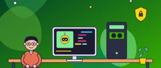 Парень за столом у монитора с роботом на экране, рядом мощный системный блок и щит с замком